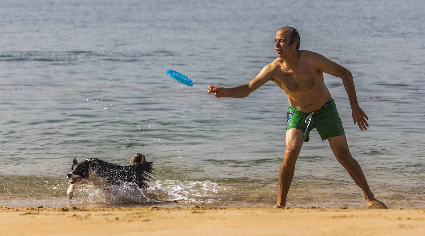 Un hombre juega con el frisbee volador y su perro en la playa de El Sardinero.