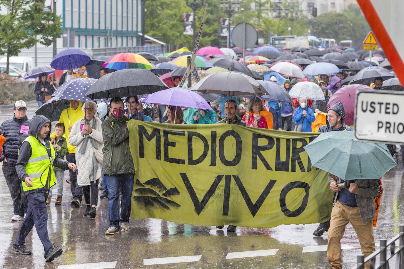 Centenares de personas de colectivos vecinales y representantes del sector primario, la hostelería y el turismo de los valles pasiegos y las comarcas del sur de Cantabria han participado este sábado en una manifestación en Santander bajo el lema '¡Sí a un medio rural vivo!¡No a los polígonos eólicos!'.