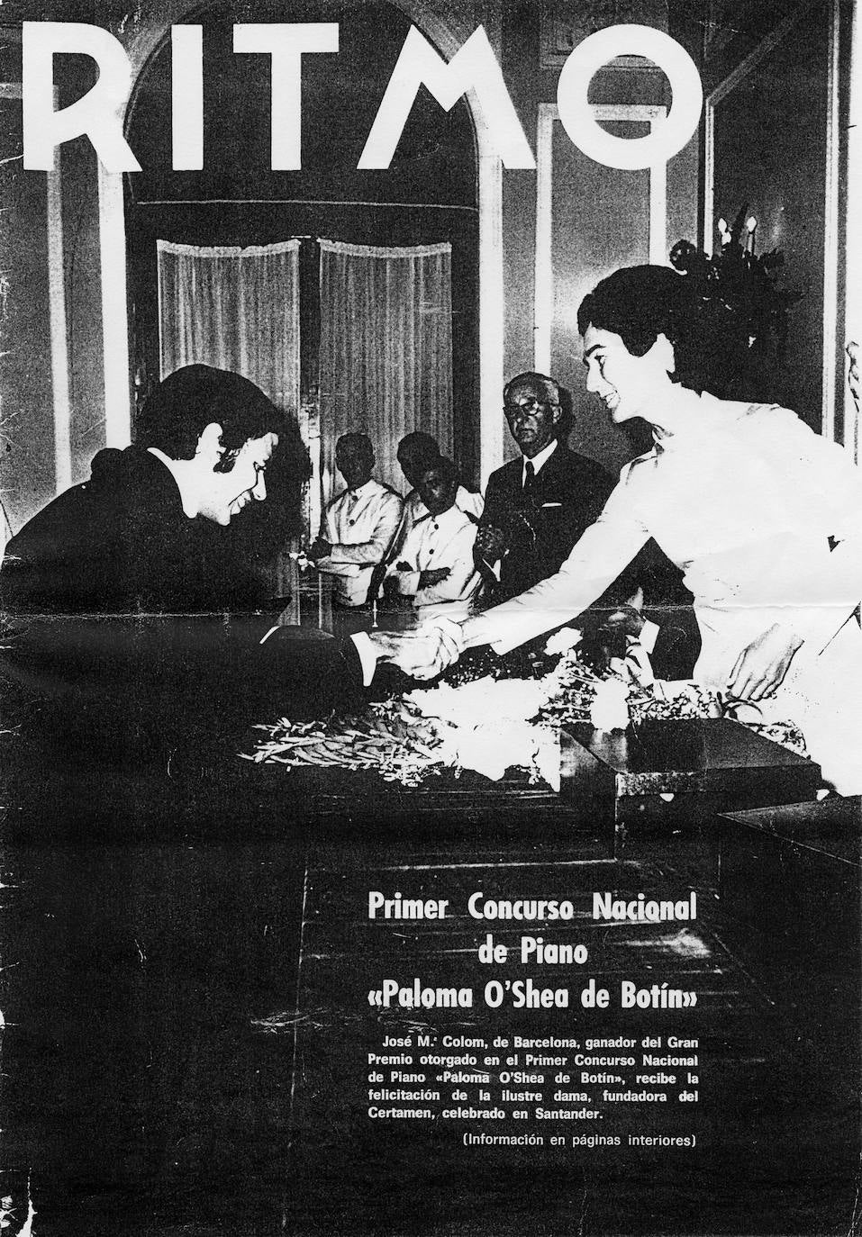 1972. Portada de la revista ‘Ritmo’ en la que se muestra cómo Paloma O’Shea entrega el primer premio del Concurso Nacional de Piano a Josep Colom (1972). 