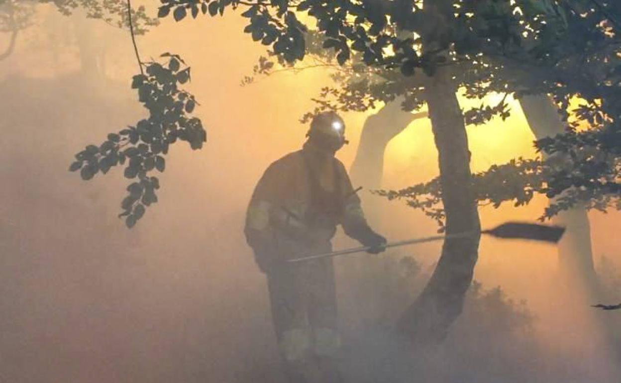 Un bombero, en plena faena esta semana en Soba.