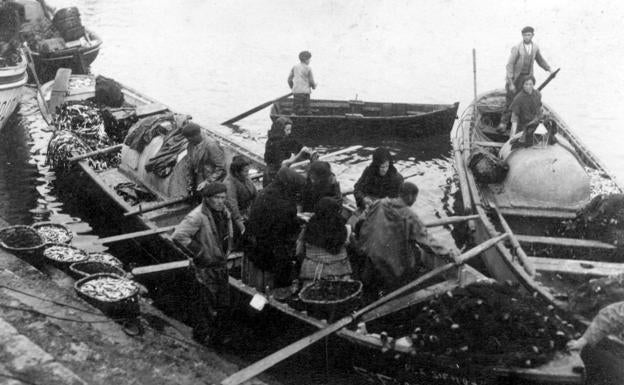 Mujeres a bodo de una trainera desenmallando la pesca.