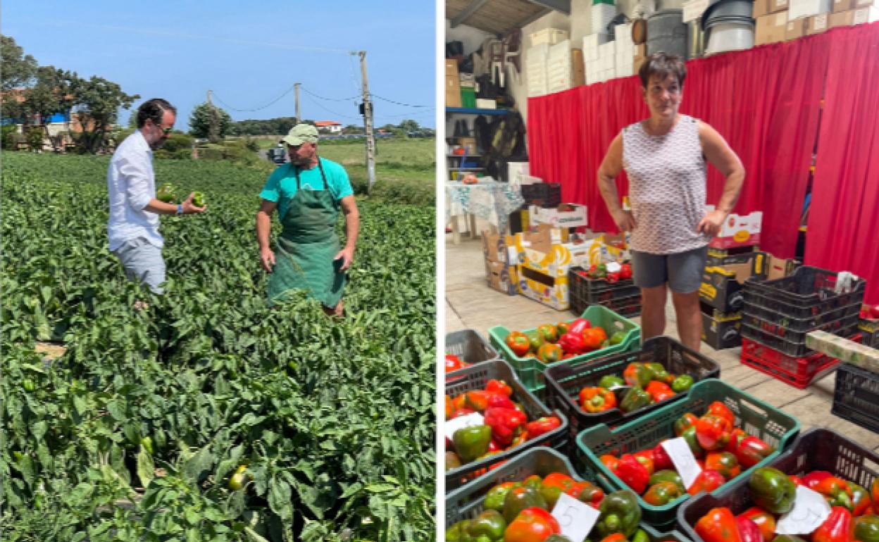 El autor de esta receta, en la huerta con Luis. A la derecha, María Ángeles, con los pimientos. 