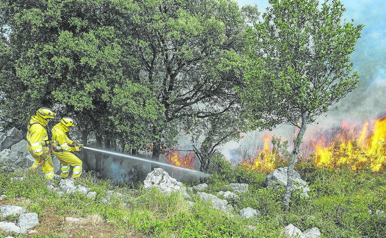 Dos bomberos trabajan en las labores de extinción de estos últimos días en el macizo de Peña Cabarga