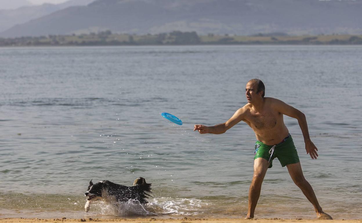 Un hombre y su perro se refrescan en la playa de El Sardinero. 