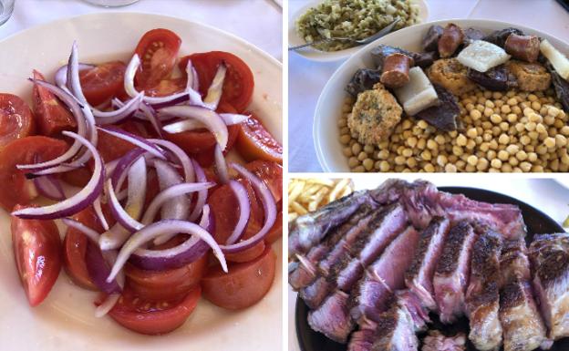 Imagen. A la izquierda, ensalada de tomate de temporada. A la derecha, cocido lebaniego y repollo; y chuletón de ternera madurado.