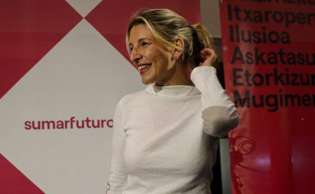 La vicepresidenta segunda, Yolanda Díaz, este martes en un acto de Sumar en Pamplona.