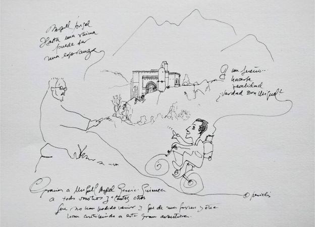 Dibujo de Peridis en el que aparece Unamuno, un joven García Guinea recorriendo el románico palentino y el agradecimiento a los colaboradores.