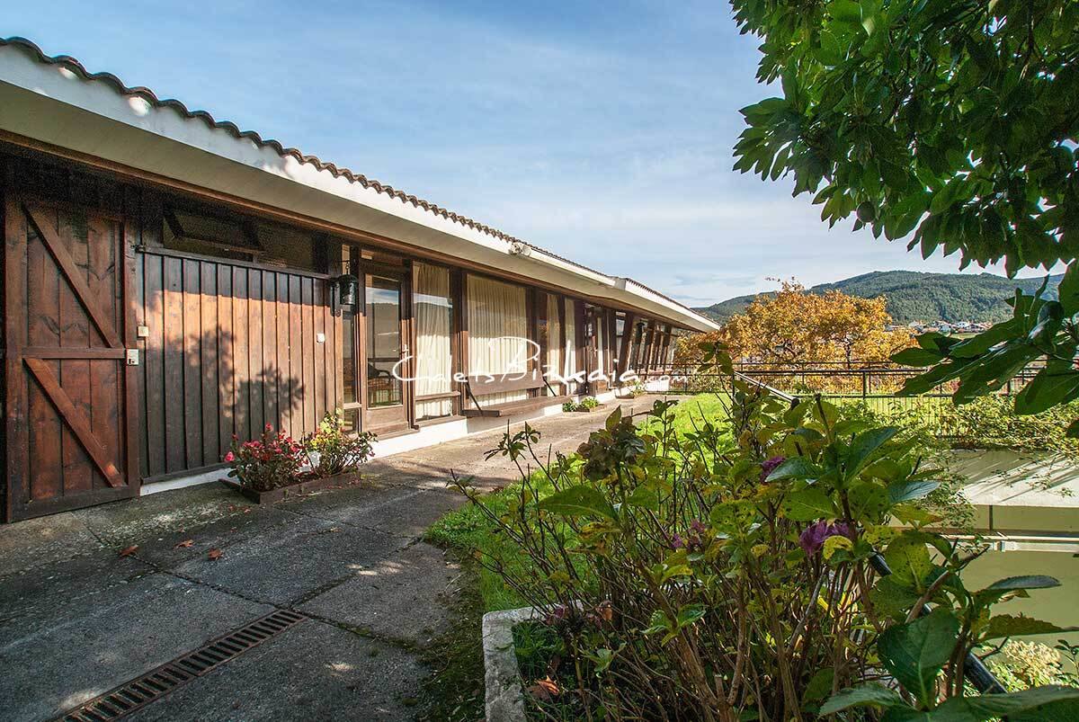 La casa, de 473 metros cuadrados construidos, incluidas dos magníficas terrazas de 100 metros cuadrados cada una, se ubica en una finca de 944 metros cuadrados. Cuenta con un diseño peculiar que combina señas de identidad de la nueva arquitectura vasca, reminiscencias de la casa tradicional de la zona, el baserri, e influencias asiáticas, por el estilo de su jardín. Fue obra del arquitecto Juan de Madaraga.