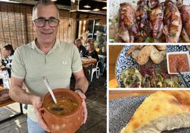 Luis Vena muestra la olla con su cocido. A la derecha tres platos de la carta: chipirones encebollados, alcachofas con jamón y tarta de queso