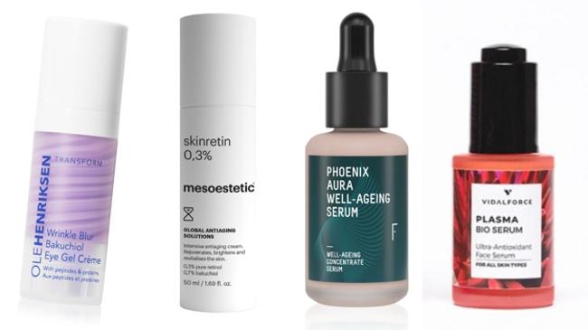 De izquierda a derecha: Contorno de ojos Wrinkle Blur Bakuchiol Eye Gel Creme de OleHenriksen (56,99 €); Skinretin 0,3% con retinol puro y bakuchiol de mesoestetic (79,90 €); Phoenix Aura Anti-aging Serum de Freshly Cosmetics con bakuchiol (35 €); Plasmam Bio Serum con bakuchiol de Vidalforce (24 €).