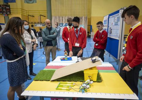 Imagen secundaria 1 - Arriba: Expositor dedicado a la Prehistoria en la Feria de la Ciencia de 2022. Abajo: Alumnado en la cita con las científicas celebrada IHCantabria y Alumnos en plena presentación en la Semana de la Ciencia. 