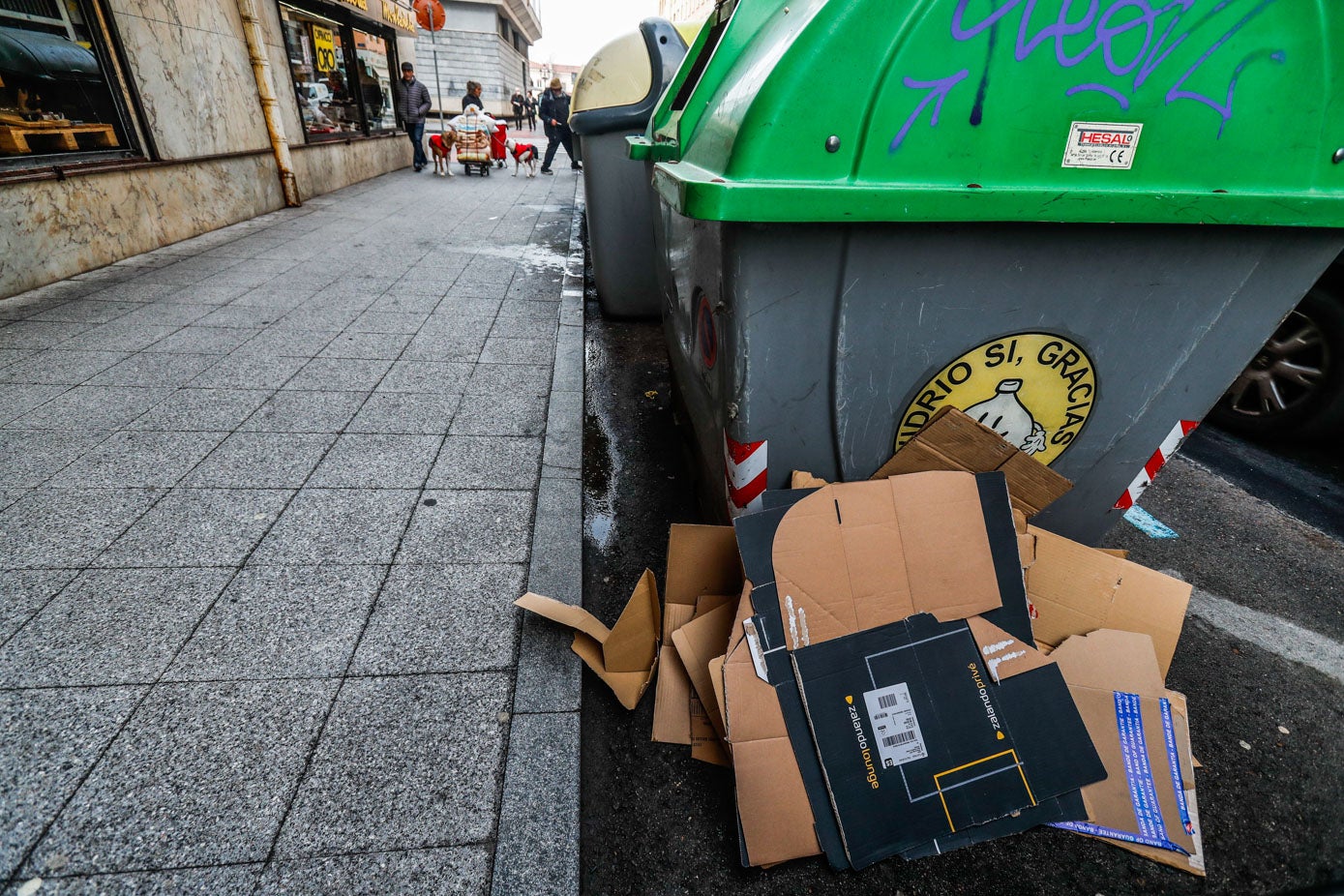 Junto a algunos contenedores repartidos por la ciudad se acumula las bolsas de basura y los cartones. En el caso de la imagen se trata de un contenedor ubicado en el entorno de la estación de autobuses de la ciudad.