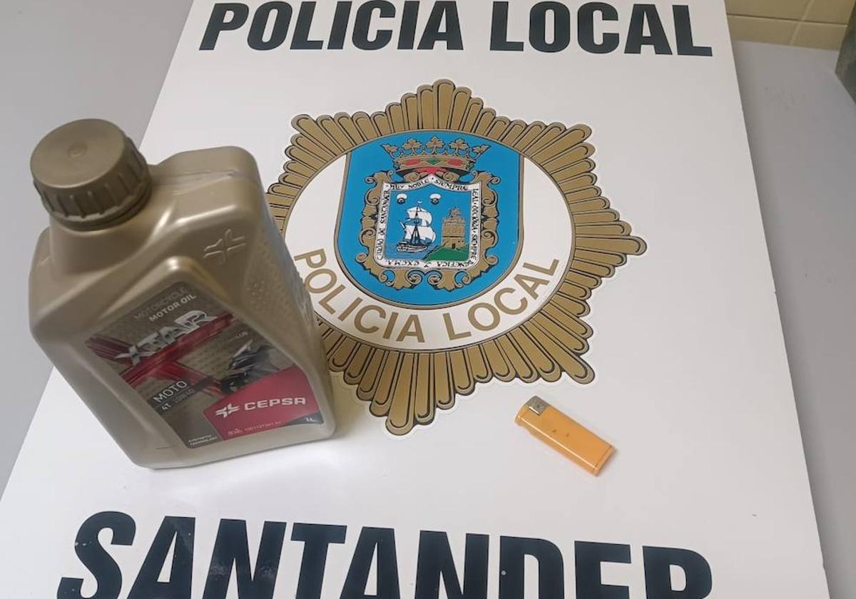 El bote de aceite y el mechero intervenidos al detenido.