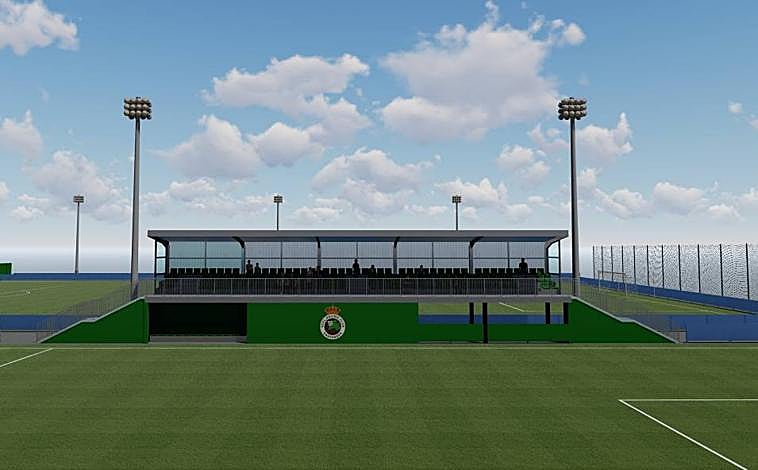 Imagen principal - Tres detalles del proyecto. Las dos gradas gemelas y cubiertas tendrán además un almacén para que los equipos no necesiten trasladar todo el material al edificio multiusos. Los asientos serán, como los de los Campos de Sport en el futuro, verdes.