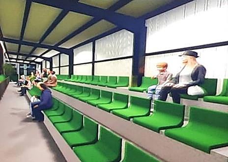 Imagen secundaria 1 - Tres detalles del proyecto. Las dos gradas gemelas y cubiertas tendrán además un almacén para que los equipos no necesiten trasladar todo el material al edificio multiusos. Los asientos serán, como los de los Campos de Sport en el futuro, verdes.