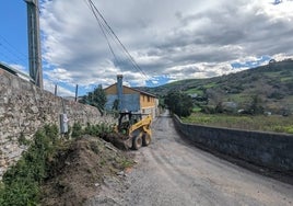 Un operario retira parte de la vegetación extraída de las cunetas durante los trabajos de preparación del asfaltado definitivo en El Secar.