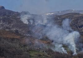 Imagen de un incendio activo ayer por la mañana en la comarca del Alto Asón.