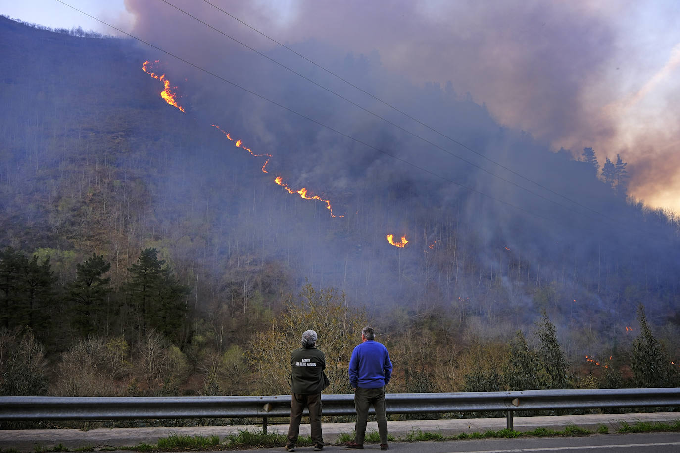 Dos agentes de Medio Rural contemplan la barrera de fuego en la zona de la Hoz de Santa Lucía.