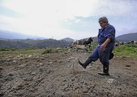 Imagen secundaria 1 - 1. Alberto Antonio Ortega muestra lo seca que está la tierra. | 2. Heraclio Gómez, junto a un cajón con las patatas que cultiva.