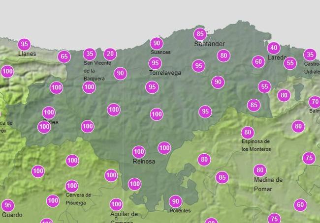 Probabilidad de lluvia en los municipios de Cantabria desde las 18.00 y hasta las 00.00 horas para este jueves.