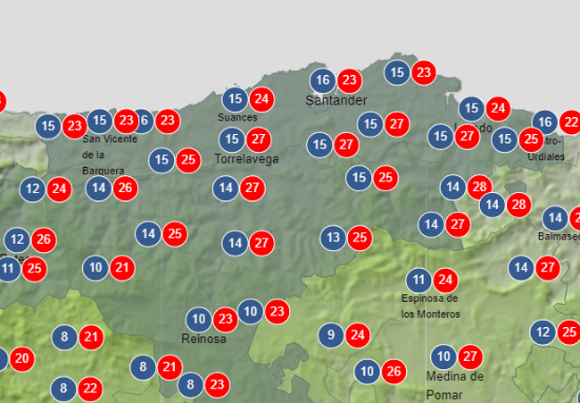 Temperaturas previstas por la Aemet para este sábado por la tarde. Consulta realizada el 25 de mayo.