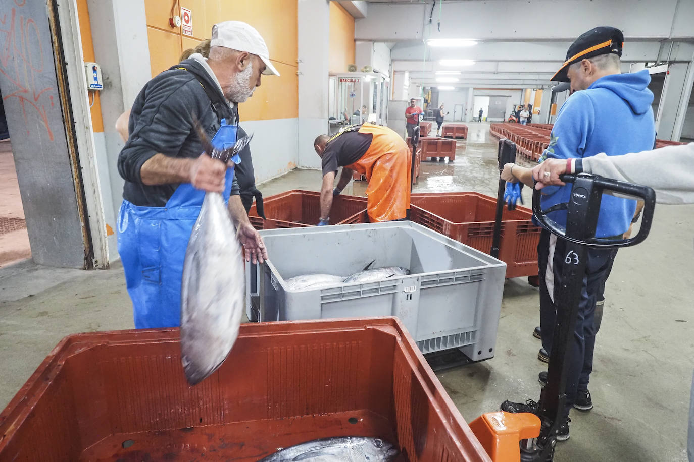 Los pescadores han trabajado a destajo para tener todo listo para la venta anunciada para las siete de la mañana.