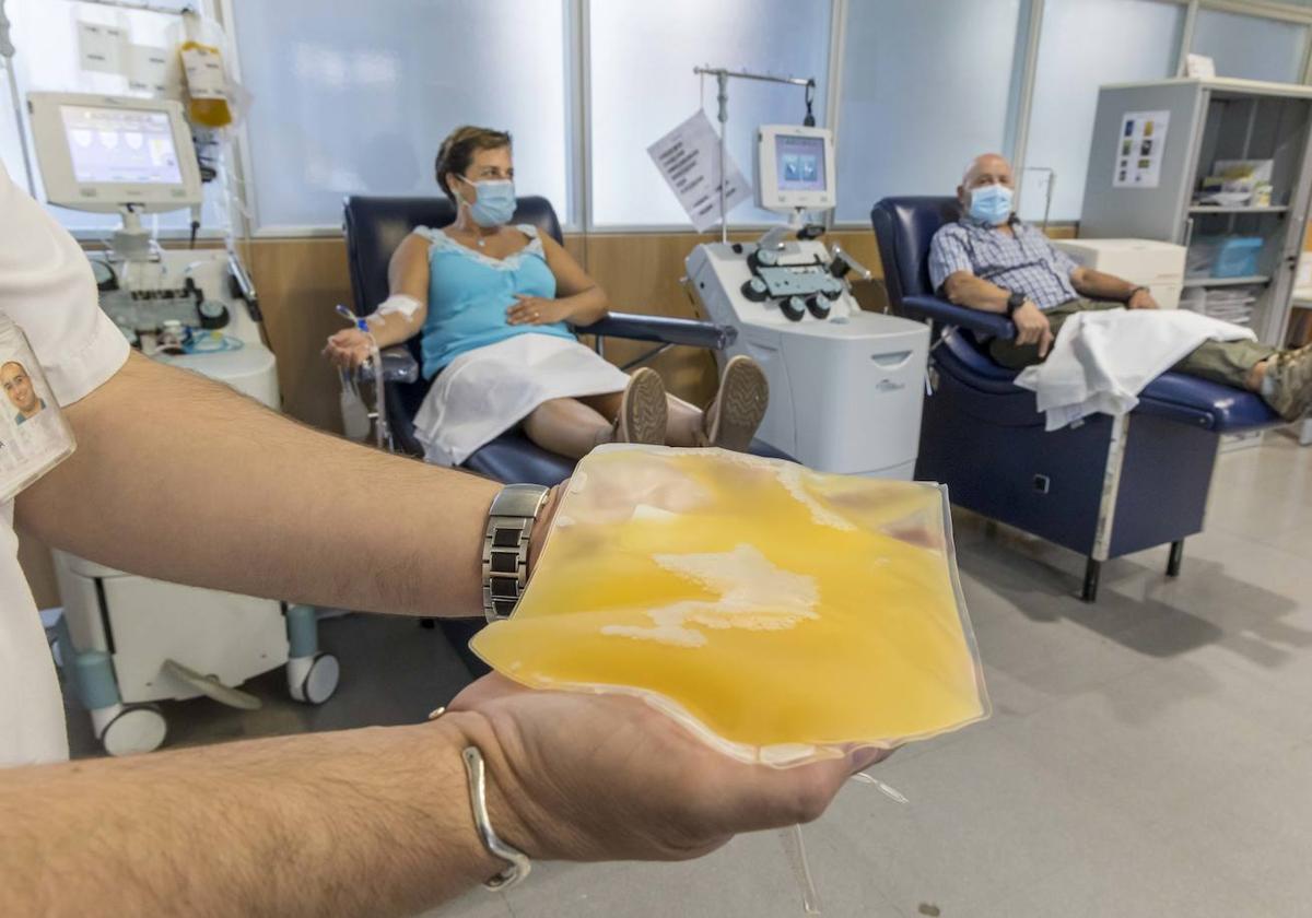 Los donantes de plasma Sara Berrouet e Ignacio Álvarez, ayer, en la sala de extracciones del Banco de Sangre en el pabellón 13 de Valdecilla.