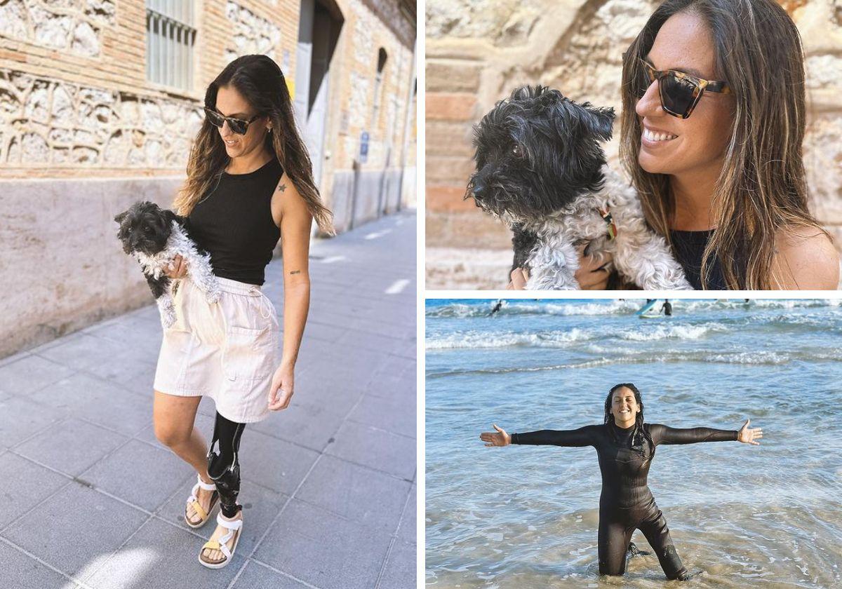 Mireia Cabañez en la foto que compartió ayer con su primera falda, con su perra Manuelita y en la playa de Somo.