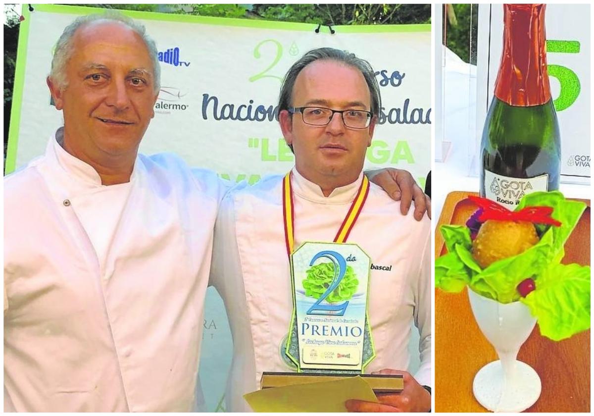 Fernando Pérez, que ejerció de ayudante, y Rubén Abascal con el trofeo. A la derecha, presentación de su ensalada.