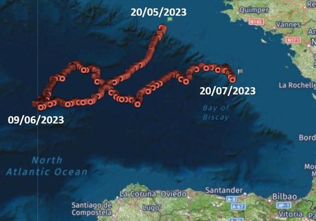 Trayectoria de una boya de deriva superficial liberada en mayo de 2023 en la campaña ecosistémica BIOMAN para la estima de la biomasa de anchoa y sardina en el golfo de Vizcaya.. Las boyas son muy pequeñas y ligeras y simulan ser carabelas portuguesas, ayudando a entender cómo es la deriva de estos organismos, que recorren más de 500 kilómetros en un mes.