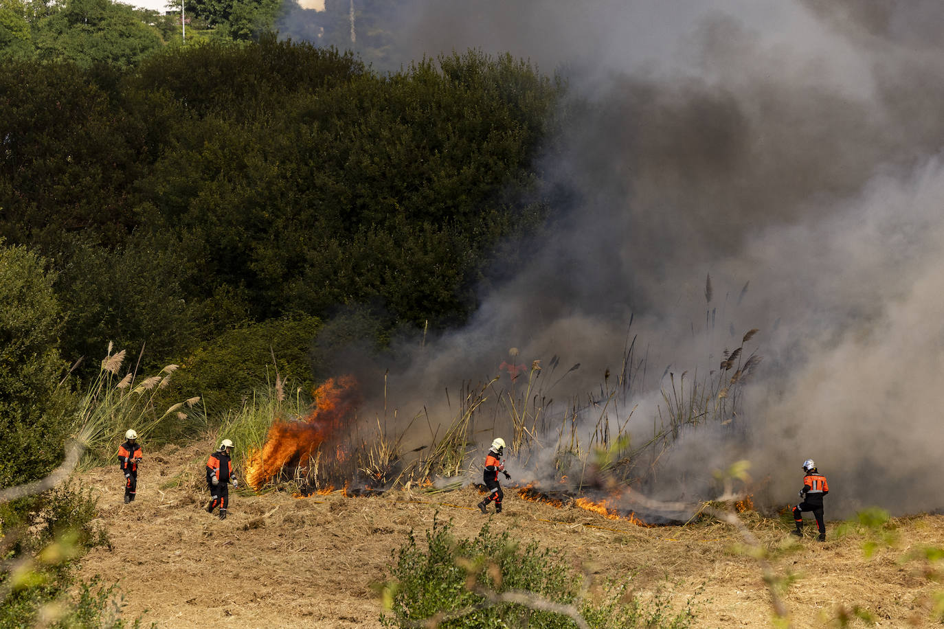 Una cuadrilla ataca uno de los focos del incendio, avivado por el viento y el calor