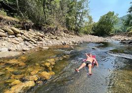 Un bañista se refresca en el río Saja en Cabuérniga.