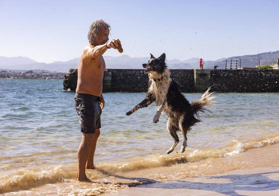 Un hombre juega con su perro en la playa de 'La Fenómeno', en Santander.