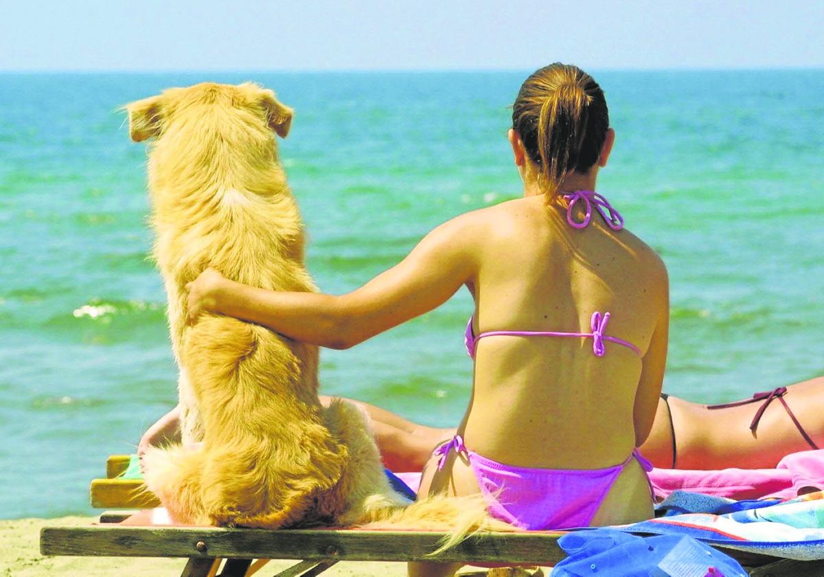 Una mujer abraza a su perro en una playa española con distintivo pet friendly.