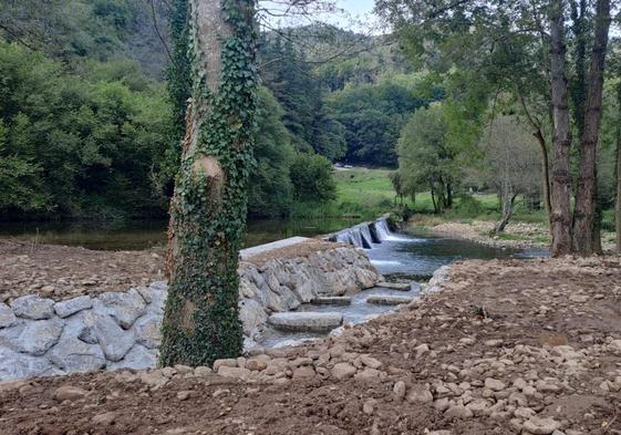 Actual escala que se ha construído para que los peces sigan remontando el río Pisueña.