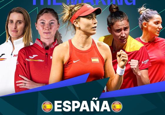 De izquierda a derecha, Marina Bassol, Cristina Bucsa, Paula Badosa, Sara Sorribes y Rebeka Masarova, quinteto que representará a España en la próxima Copa Bille Jean King, del 7 al 12 de noviembre en el Estadio La Cartuja de Sevilla.