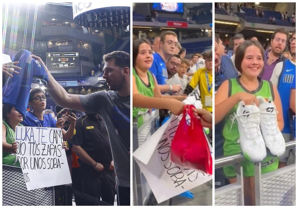 En la foto de la izquierda, Ainara con su cartel en el momento que la vio Doncic. A continuación, cuando entregó los sobaos y después recibió las zapatillas.