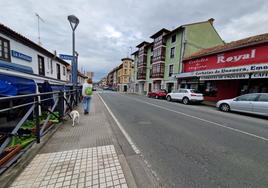 Una mujer pasea con su perro por la calle principal de Unquera.