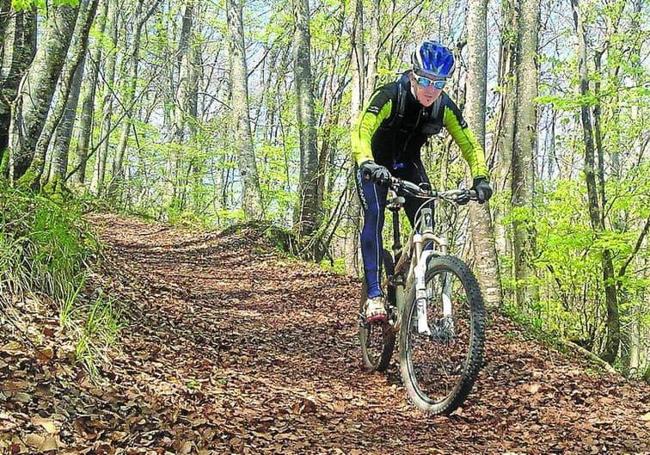 Un ciclista atraviesa el camino de hojarasca de Las Pisas en un día soleado.