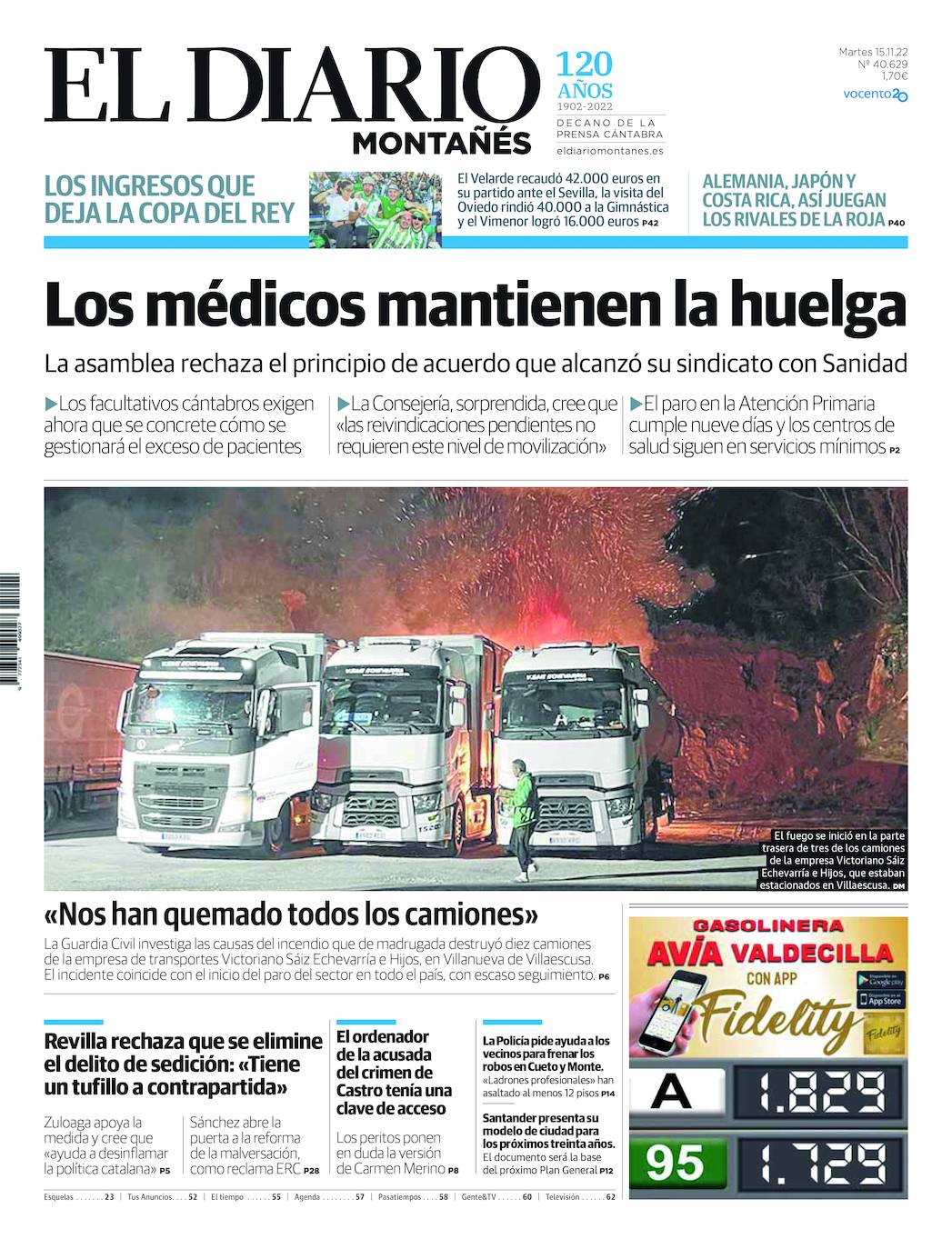 Imagen - Portada de El Diario Montañés del 15 de noviembre de 2022.