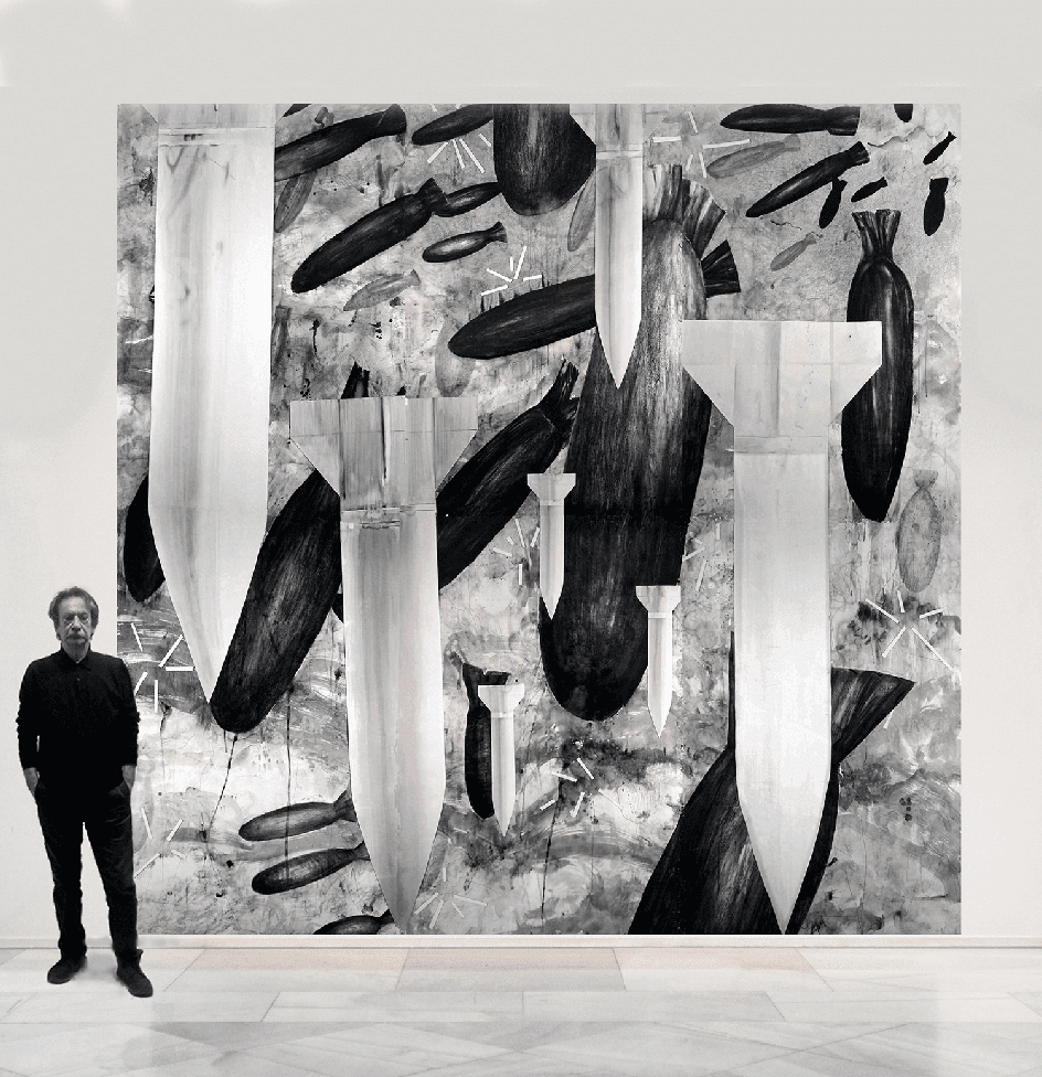 'La sofisticación del mal'. Acuarela, carbón y collage/papel. 400x400 cm. 2019 (serie WAR).