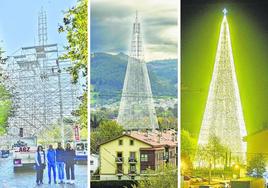 El árbol de Cartes es posible gracias a las estructuras modulares de la empresa de Adrián Gómez, que posa junto al alcalde y concejales de Cartes.