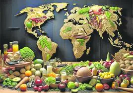 Montaje de un mapa del mundo con alimentos característicos de cada continente.
