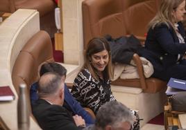 María José Sáenz de Buruaga, este lunes en el Pleno del Parlamento de Cantabria.