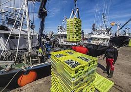 Descarga de pescado la pasada primavera en el puerto de Santoña.