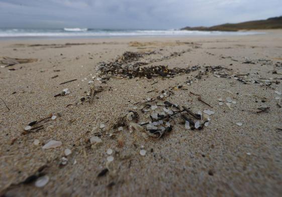 Playa en A Coruña, Galicia, repleta de bolitas de microplástico.