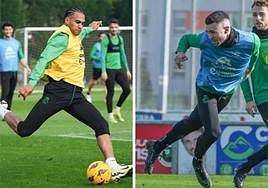 Jordi Mboula, a la izquierda, y Manu Hernando, en el primer entrenamiento con el Racing a su llegada ayer a Santander.
