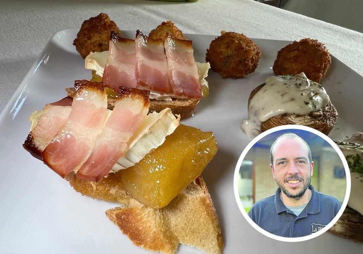 Entrantes: croquetas de tudanca, champiñones rellenos de queso azul, tosta de pera caramelizada, queso de cabra y beicon. En el círculo, el jefe de cocina y propietario, Fernando Vega.