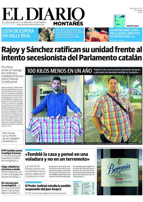 Imagen - Una historia en tres fotografías. Portada de El Diario Montañés, publicada en 2015, con el testimonio de Federico Luis Moya tras la cirugía que le ayudó a perder cien kilos en un año. Encabezando esta información, una imagen del cántabro en la actualidad.