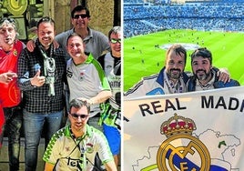 Solana, en el centro, con su grupo de amigos en Burgos, el domingo para ver al Racing y Nacho Solana, junto a su amigo Óscar García (derecha), en el Etihad.